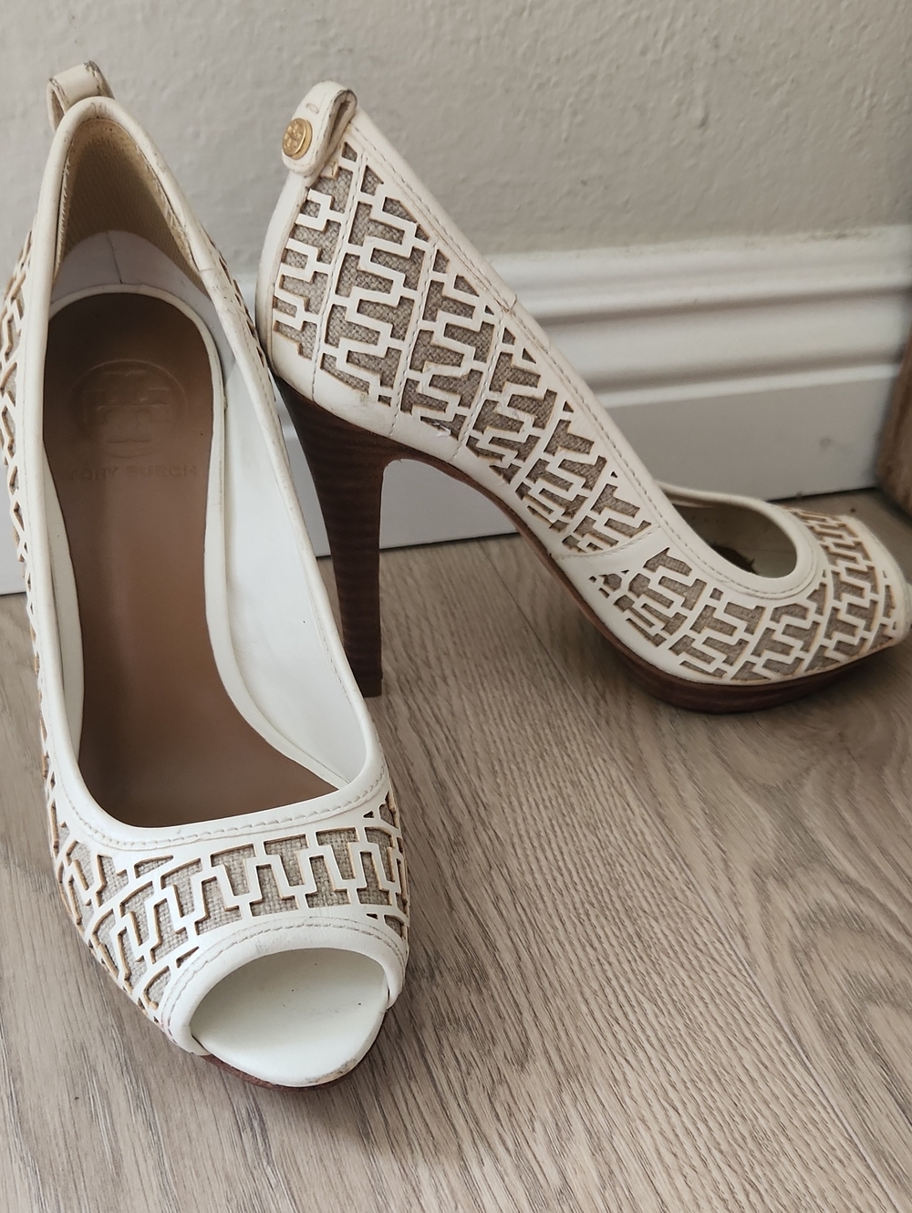 Tory Burch Cream and Brown Laser-Cut Peep-Toe Heel Pumps